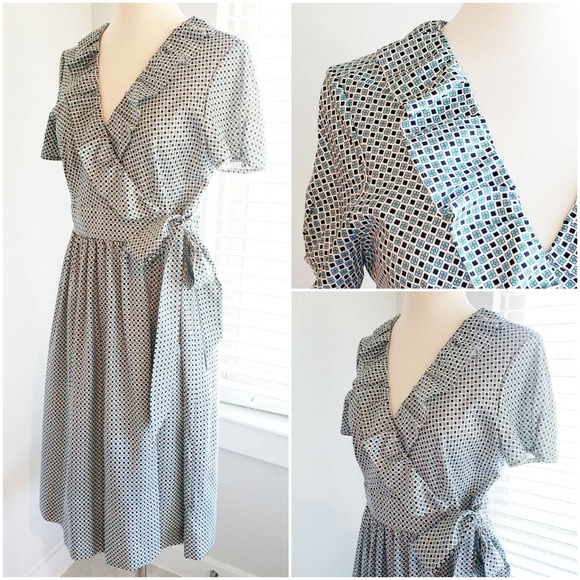 J. Crew Wrap Dress Blue Print Silk Midi Ruffle 8